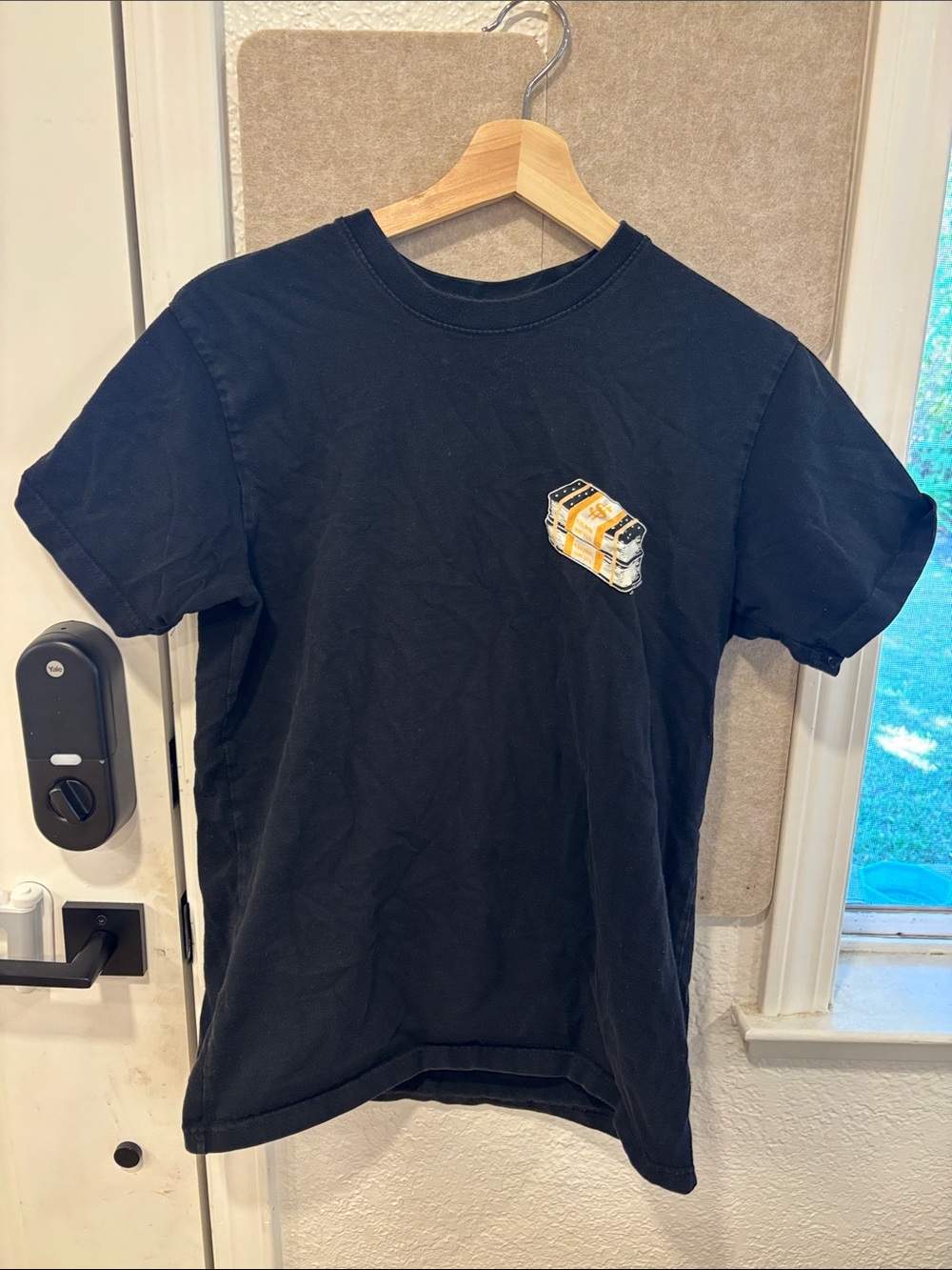 Men's Black Short Sleeve Graphic Tee with Yellow Accent